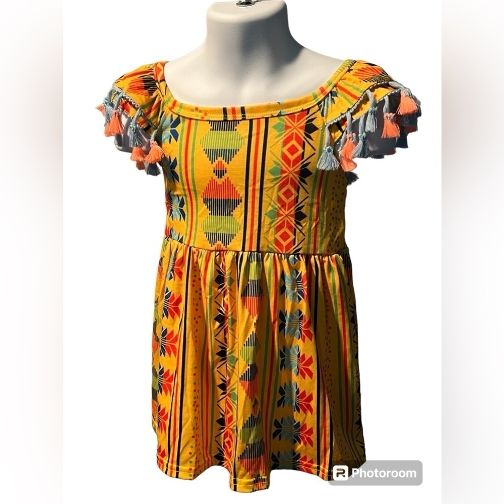 Yellow Blue Green Orange Aztec Design Dress with Fringe Tank Sleeve Dress